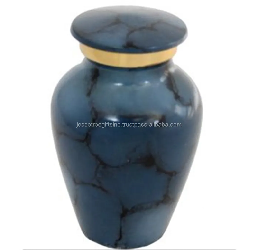 Moderne Stijl Metalen Crematie Aandenken Urn Met Blauwe Spuitverf Afwerking Dotes Ontwerp Hoge Kwaliteit Voor Begrafenis Diensten