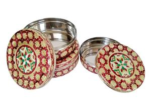 MEDIUM RED FLOWER DESIGNED STAINLESS STEEL MEENAKARI DECORATIVE CONTAINER WITH LID-GOLDEN MEENA (7.5&quot; X 7.5&quot; X 2.5&quot; INCHES)