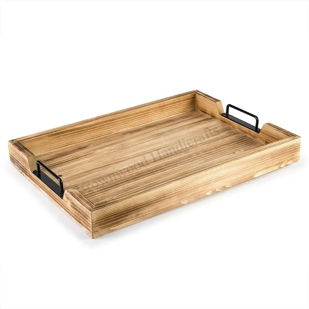 Hot Selling Rectangle Wooden Tea Snack Breakfast Coffee Tray Pine Wood Serving Tray with Metal Handles for Home Restaurant Use