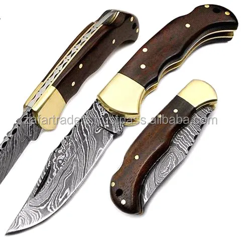 Cuchillo de acampada de acero damasco personalizado, hecho a mano, de alta calidad, de bolsillo, plegable, mango de madera rosa, ZR53