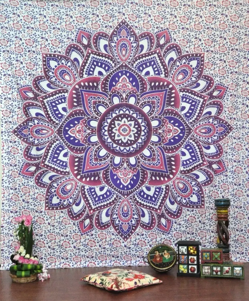 ลายดอกไม้โบฮีเมียนสีม่วง-น้ำเงินของอินเดีย-Ombre Queen-Size-Large-Mandala Tapestry-hippie-84x90