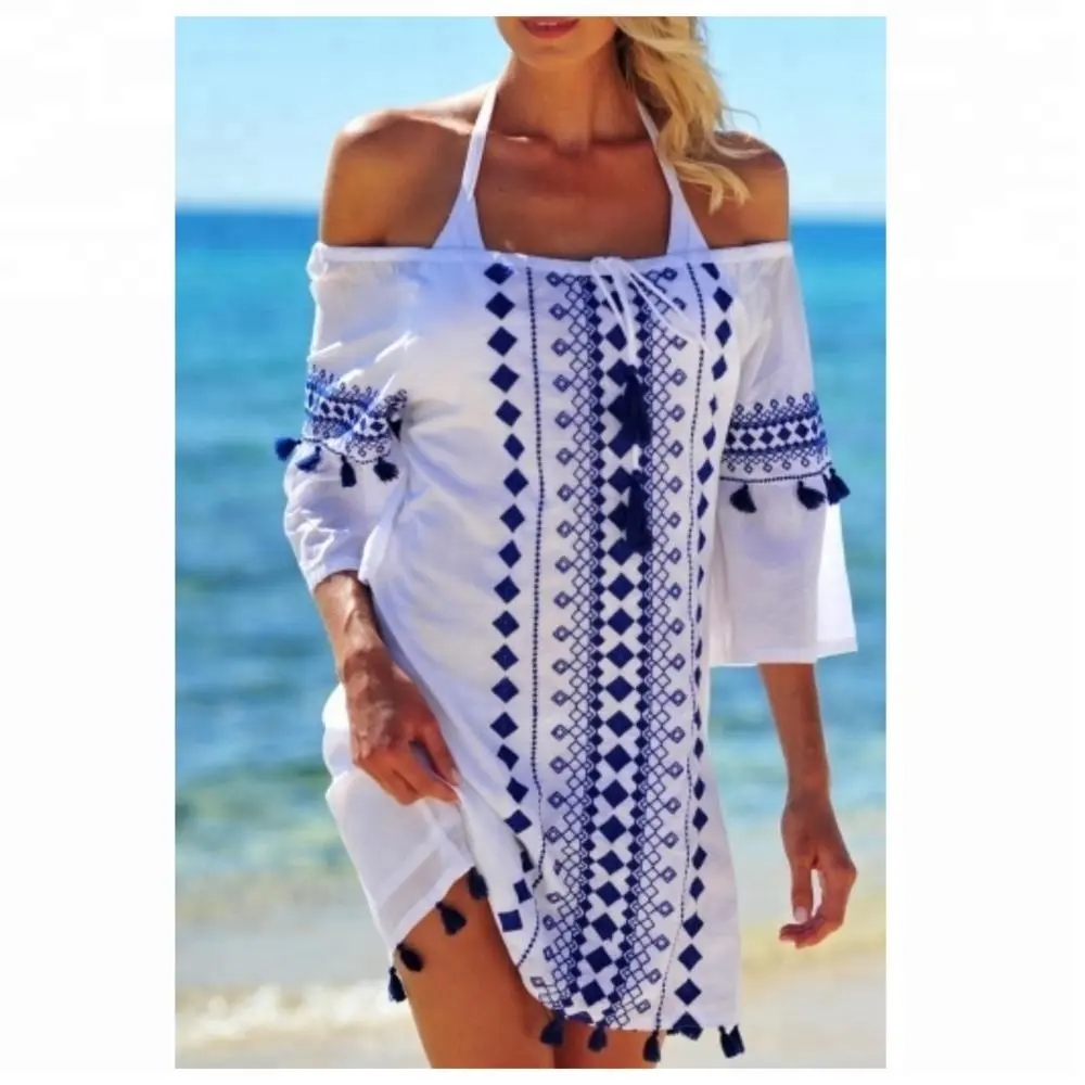 Verano Sexy ropa de playa ajustable fuera del hombro inferior Boho borlas frente colorido brillante bordado mujeres Túnica de algodón a granel OEM