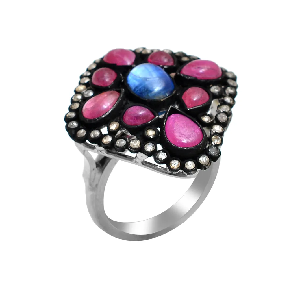 Novedad de 2024, anillo fino de tanzanita y piedras preciosas de diamante, joyería de último diseño, anillo oxidado negro de Plata de Ley 925 para ella