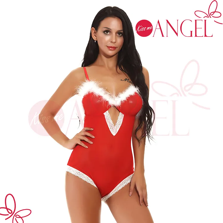 KISS ME ANGEL LINGERIE hollow out soft red Christmas Santa sexy teddy babydoll lingerie