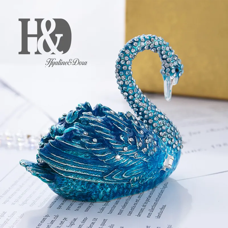 H & D Diamante Blu Cigno Scatola Ricordo Gingillo Incernierato Figurine Da Collezione Titolare Anello Regalo di Nozze