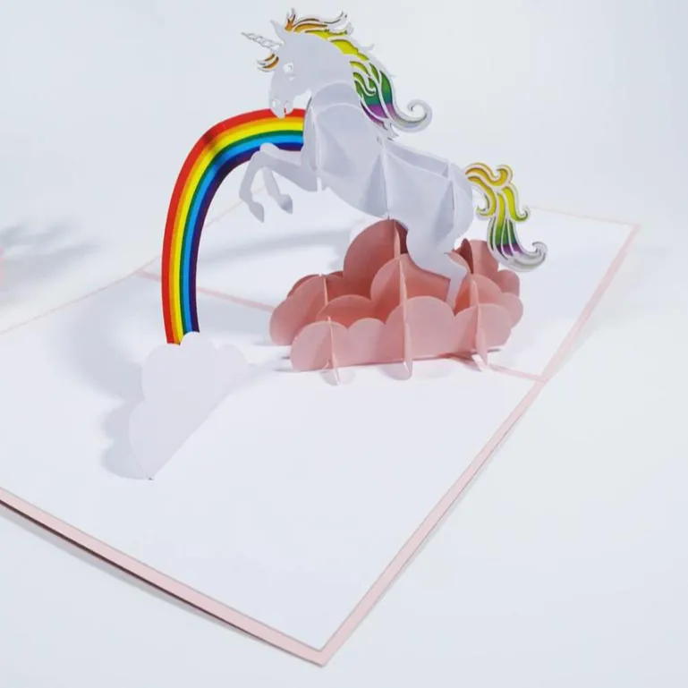 Cartolina di buon compleanno 3d artigianato personalizzato fata arcobaleno unicorno pop up carta vietnamita produttore all'ingrosso