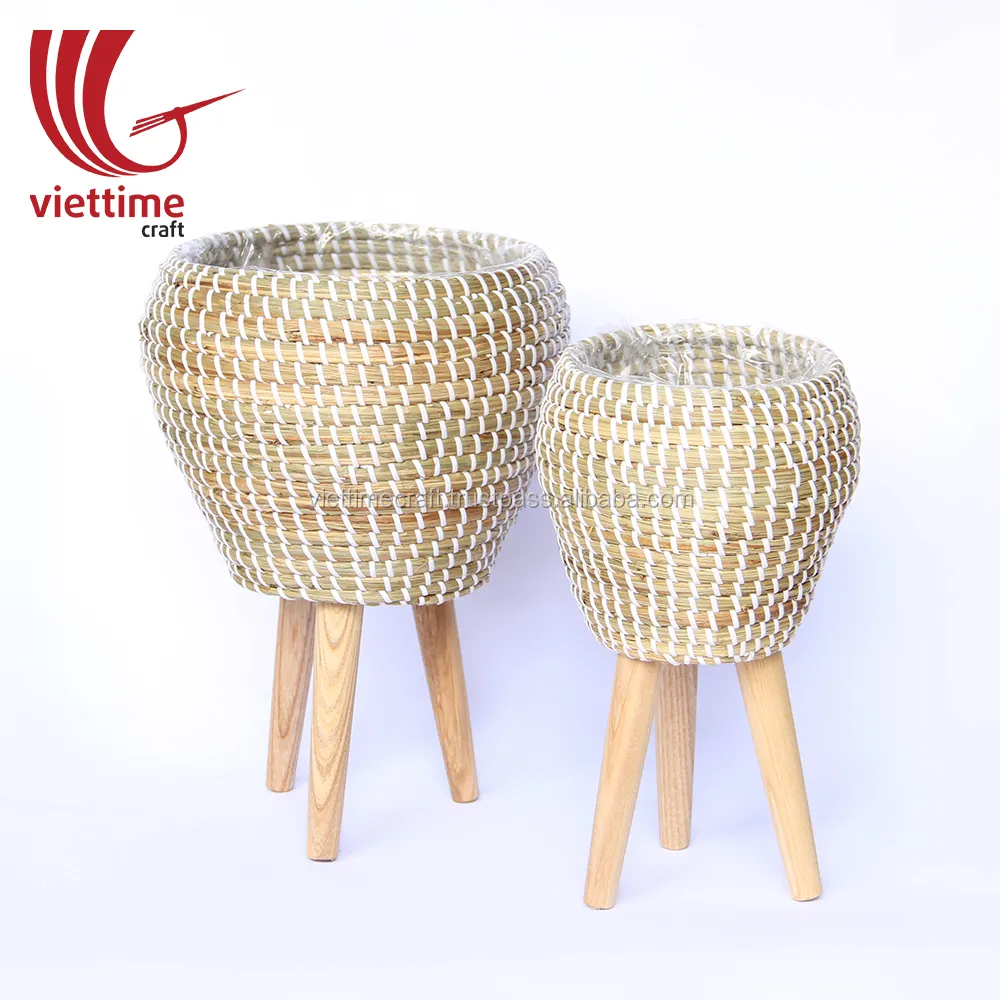 HOT SALE Decorative Pot, Woven Seagrass Planter with Wood Stand, Seagrass Plant Basket Wholesale