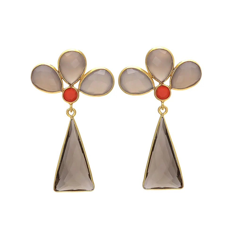 Smoky Topaz Hydro & Orange Calcedonia Ajustable Mujer Pendientes