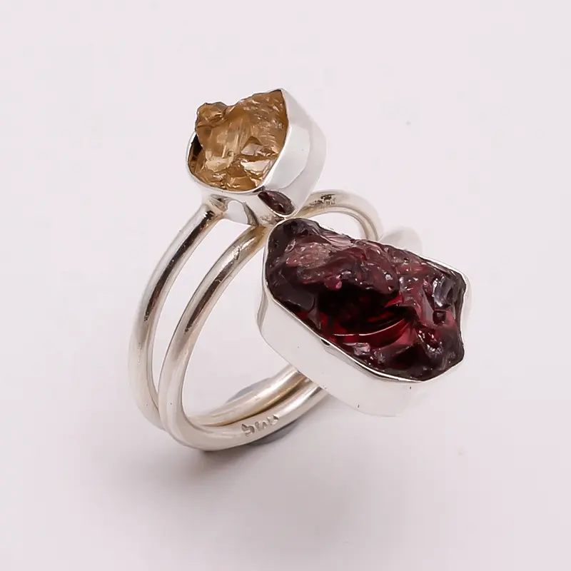 Stylish Design !! Two Stones Fancy Shape Natural Raw Garnet Citrine Gemstone 925 Sterling Silver Ring Jewelry, Indian Jewelry