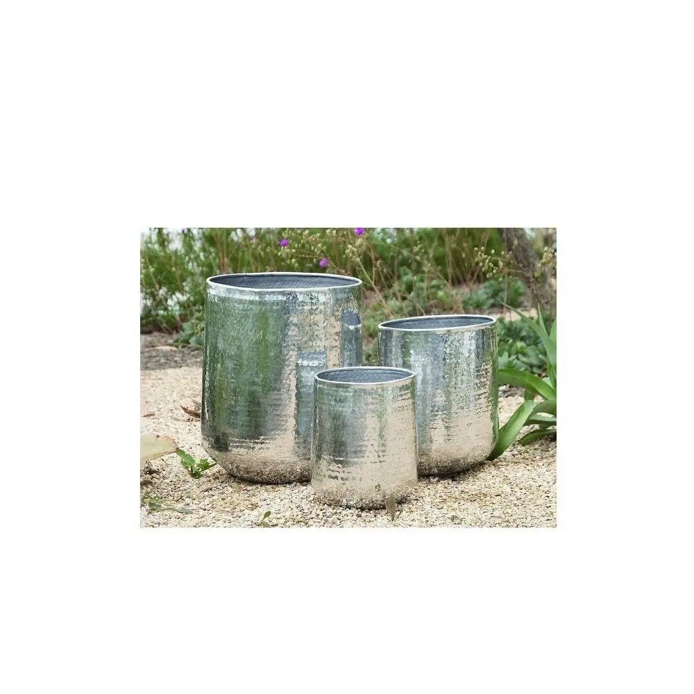 Set of 3 Large Round Hammered Metal Planters Heavy Duty Highly Durable Floor Pot for Living Room, Indoor and Outdoor, Balcony
