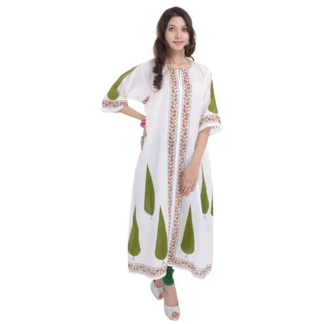 Panjang Gaun Katun untuk Wanita Tangan Block Printed Bhopali Gaun Gadis Tunik Kurtis