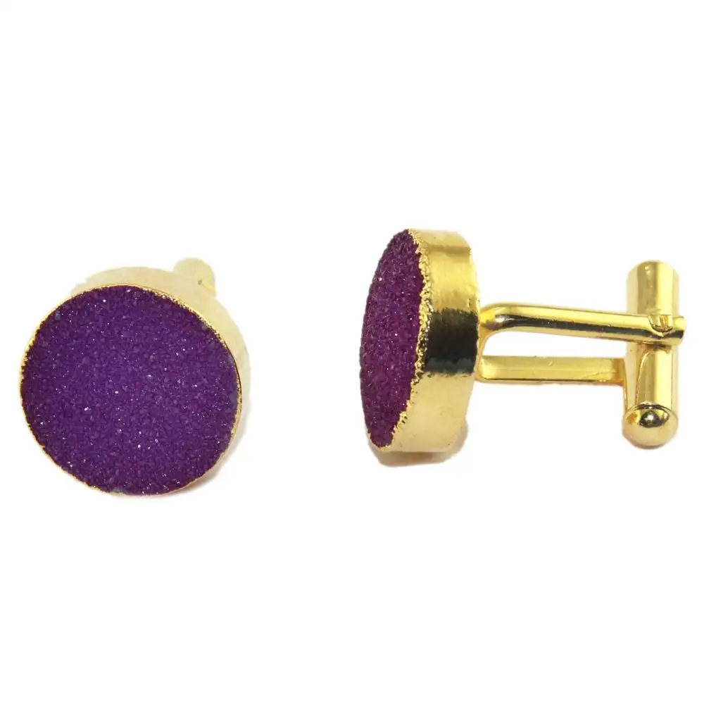 Boutons de manchette ronds en sucre violet naturel druzy, plaqués or, faits à la main en pierre précieuse, boutons de manchette à la mode pour hommes