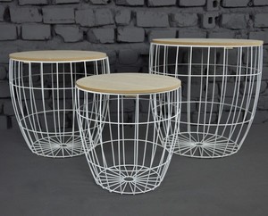 Modern White Metal Wire Basket <strong>Set</strong> of 3 Pieces <strong>MDF</strong> Wood and Iron Coffee <strong>Tables</strong> for Home or Living Room Use - Product Image 1