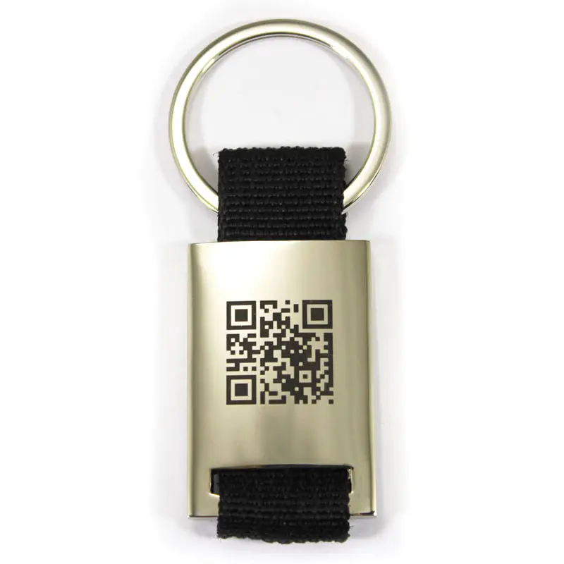 Promozionale nero in metallo laser QR codice barocde portachiavi con cinturino in tessuto
