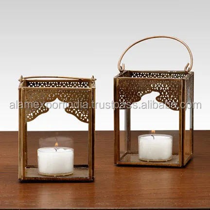 Lanterna de vela marrocos para decoração de casa, vidro colorido antigo lanternas de vela de metal, lanternas internas e externas de uso de jardim.