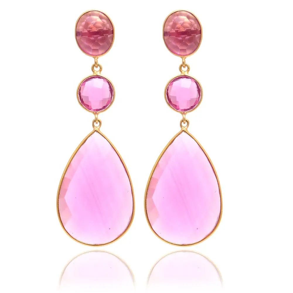 Lovely Pink Tourmaline Drop And Dangle Joyería de plata hecha a mano Long Trendy Designer Triple Layer Stone Pendientes de moda