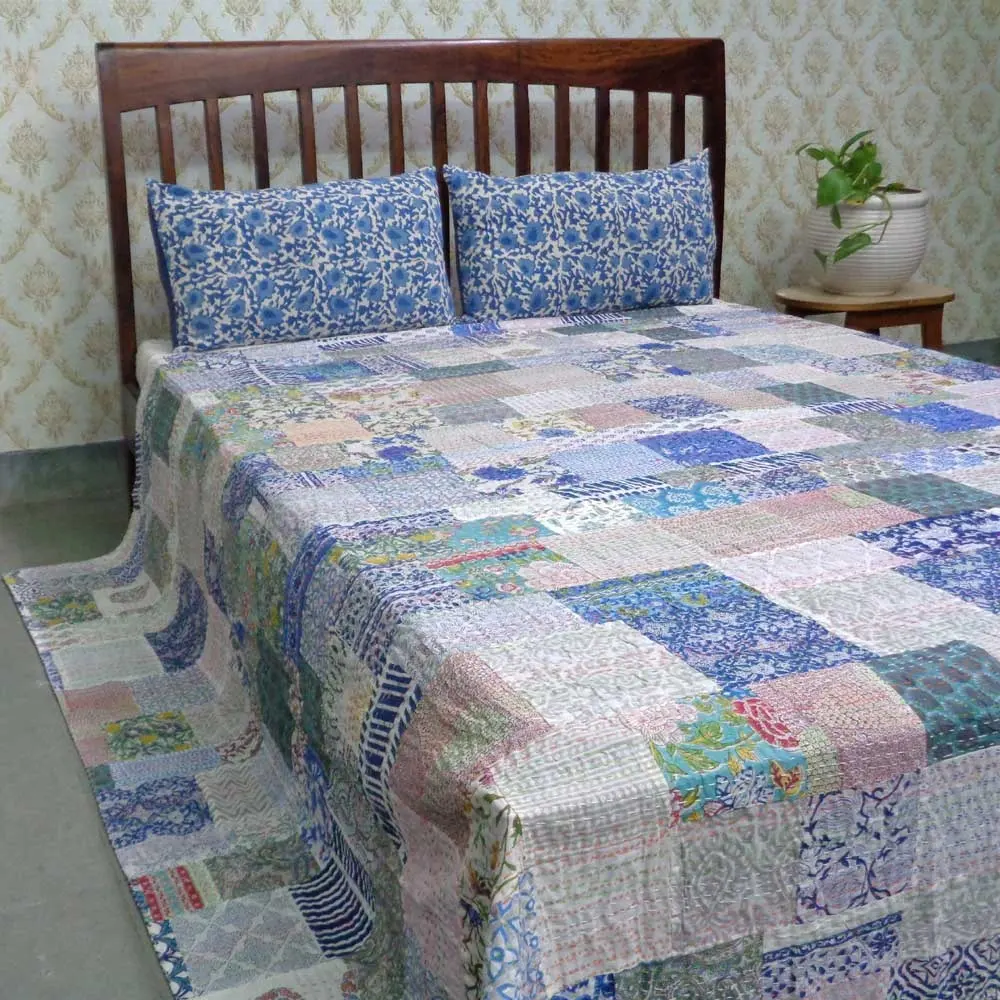 Blocco indiano a mano stampato Patchwork di cotone Queen Size Kantha trapunta set di biancheria da letto coperta di cotone per la vendita