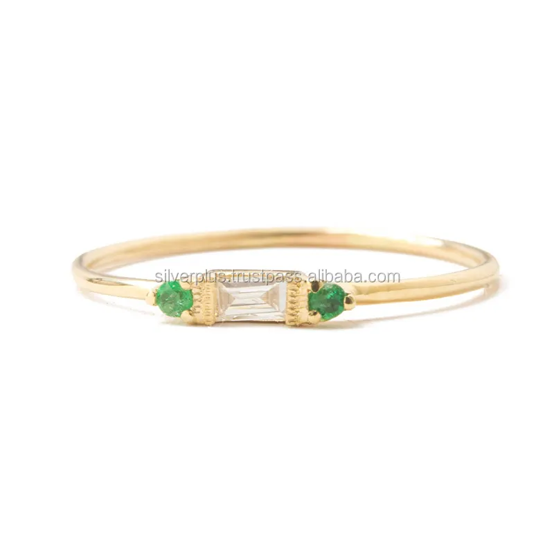 Solid 14K Geel Goud Handgemaakte Zambia Emerald Edelsteen Baguette Diamond Ring Groothandel Handgemaakte Sieraden Leverancier