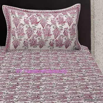 Ensemble de draps de lit à imprimé bloc à main, lit à jet de taille Queen avec 2 oreillers, housse de lit en coton faite à la main