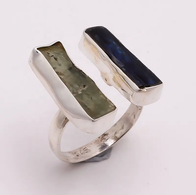 Designer Two Stones Fancy Shape Natural Raw Kyanite Green Kyanite Gemstone 925 Sterling Silver Ring Jewelry, Indian Jewelry