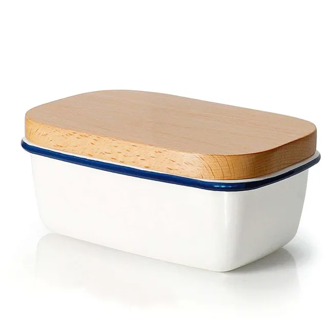 New Design Rectangular Shape Dishes Plates Butter Dish Boat With Wooden Lid Butter Keeper Plate For Storage Cheese Butter