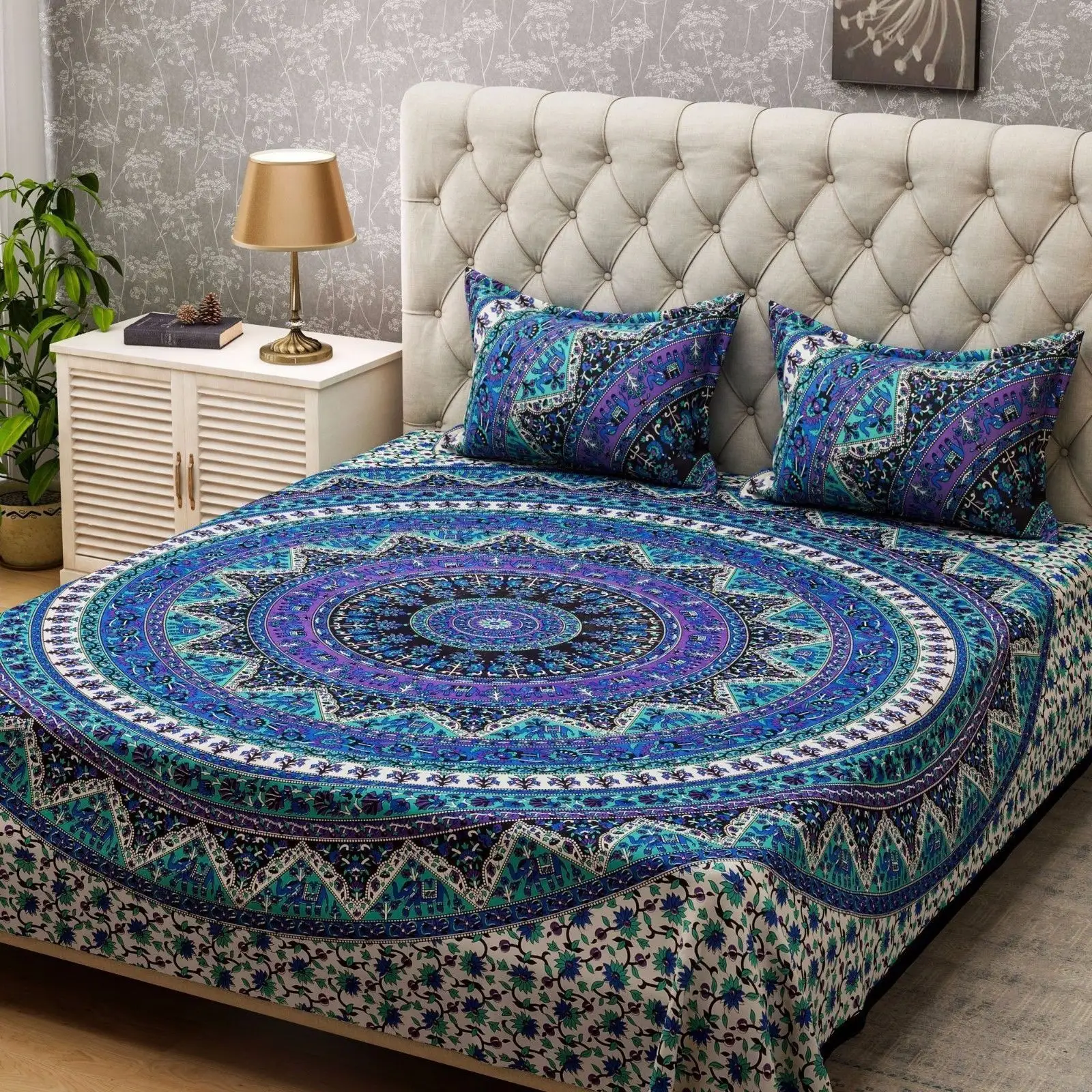 Ukuran Queen Mandala Permadani India Katun 3 Pcs Bedcover Handmade Flat Bed Lembar dengan Bantal
