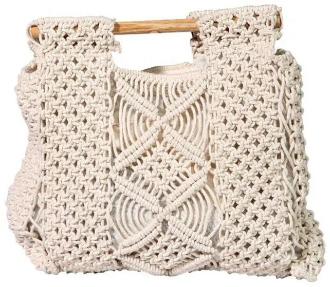 2022 New Trendy Large Capacity Popular Straw Braided Beach Summer One Shoulder Macrame Tote Bag with wooden handle
