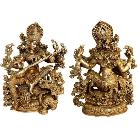 Statue Saraswati en laiton avec jouer veena la Figurine Sarawati déesse hindoue idole de la connaissance Sculpture décoration de la maison