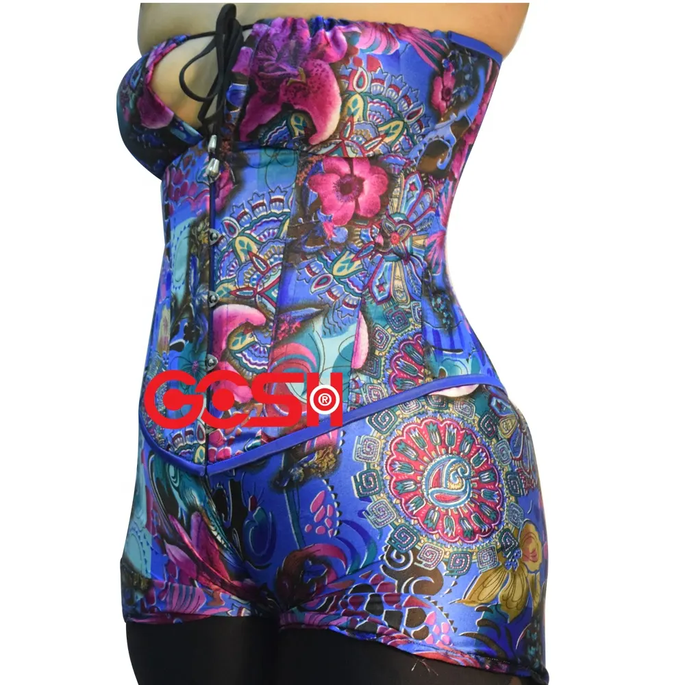 COSH corsetto Overbust corsetto in raso sublimato stampato digitale Steelboned con pantaloncini abbinati moda e abbigliamento da festa corsetto Top