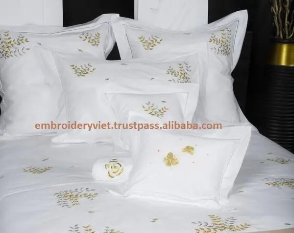 Vàng Chủ Đề Tay Thêu Trắng 100% Linen Sạn Bed Sheet Pillow Case Luxury Hotel Bed Linen