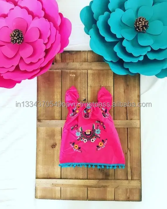 Robe à épaulettes pour femmes, robe de Style mexicain pour premier anniversaire, bébé, fleurs brodées, à épaules dénudées, avec dentelle Pom, nouvelle collection