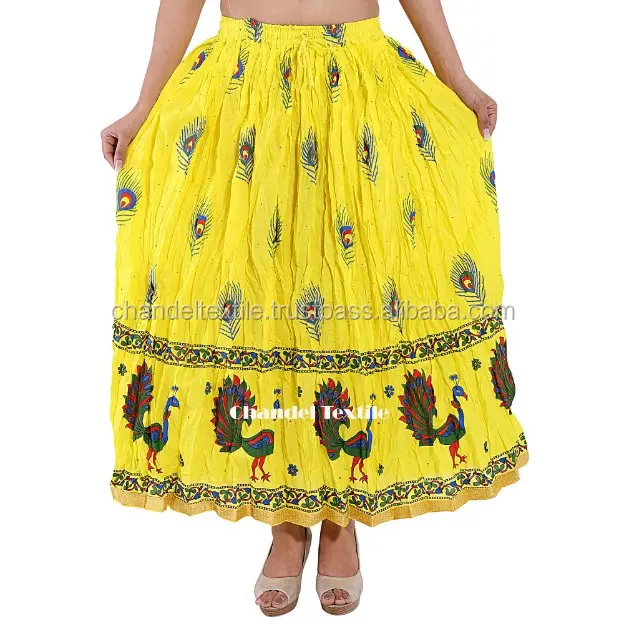 Rajasthani 스트레이트 롱 스커트 여자 스커트 Lehnga 원피스 부분 착용 스커트 숙녀 여성 자이푸리 공작 인쇄 면