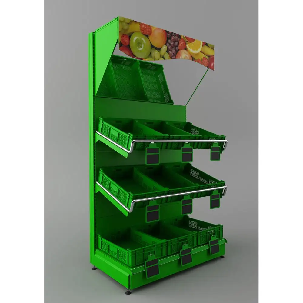 Metalen Groente En Fruit Rack Met Kunststof Planken Bins