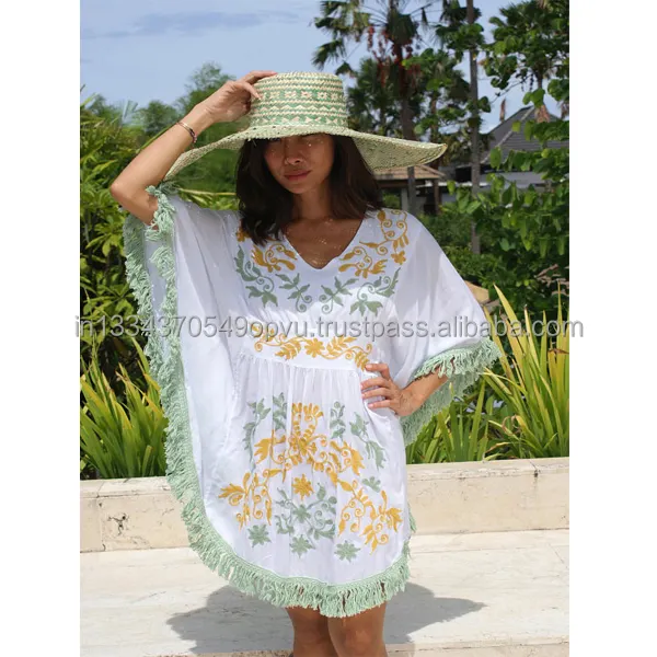 Women's Beach Wear Rayon Embroidered Short Kaftan New Arrival Sexy Girl's Beachwear V Neck Fringed Hem Bikini Cover Up Poncho