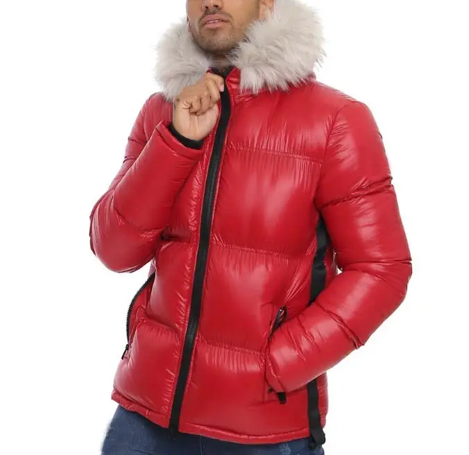 Зимняя Красная мужская куртка с меховым капюшоном по низкой цене, индивидуальная куртка-пуховик для мужчин и женщин