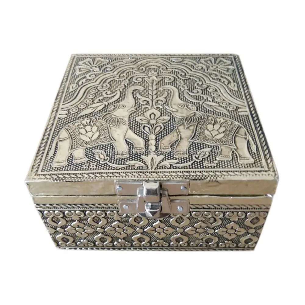 Elefante antigo projetado à mão madeira acabamento metal caixa de lembrancinhas casamento | caixa de joalheria recipiente