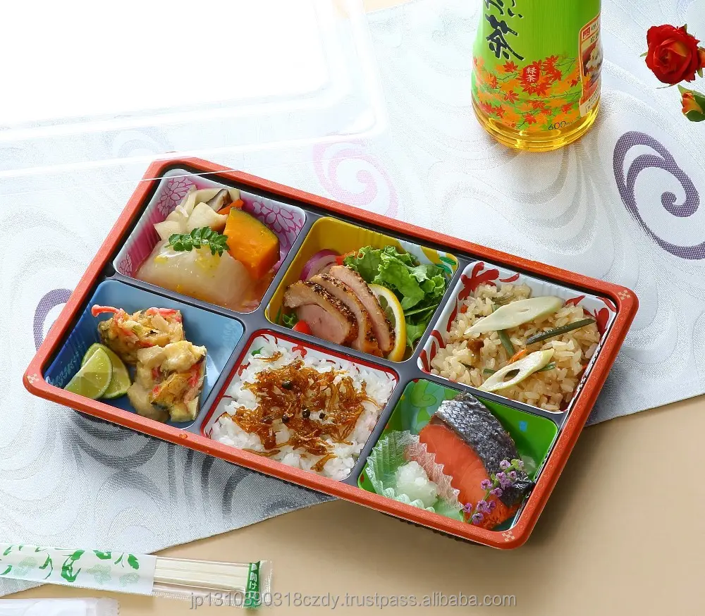 Fiambrera bento desechable rectangular de cartón, caja de papel para comida, estilo japonés, 6 compartimentos, patrón de color