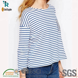 <span class=keywords><strong>Bretton</strong></span> şerit tekne yaka cep-süper yumuşak düzenli Fit artı boyutu damla omuz ile rahat kadın pamuklu jarse T-Shirt
