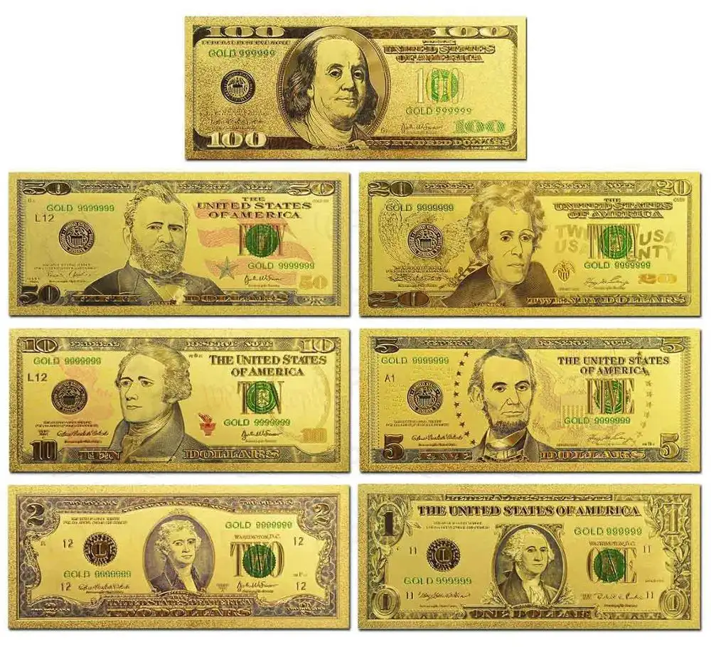 Feuille D'or véritable Billet Ensemble USD 100/50/20/10/5 Notes Collection .999 Pur USD Facture 24K Plaqué Or Pour La Décoration Intérieure