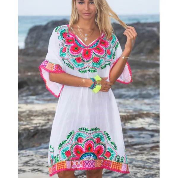 Hot Selling Summer Lady Boho Mandala Traum Bestickte Frauen Tunika Classic Range Sexy Spitze Saum V-Ausschnitt Strand Cover Up Kurzes Kleid