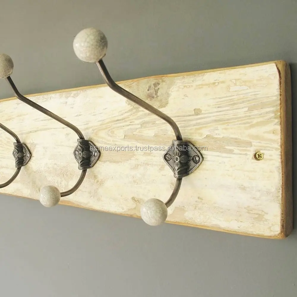 3 appendiabiti in legno, Da Parete Montato A Soffitto Vintage Cappotto Gancio Con Pomelli In Ceramica