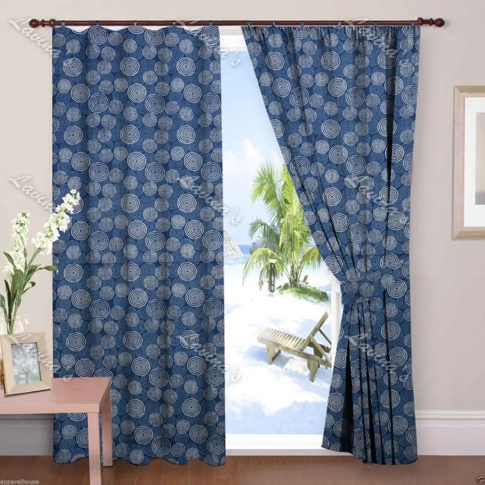 Hand Block Printed Window Curtain 2 Pcs Drapery Blue Door Valances 9 Handmade Beautiful Cotton Curtains