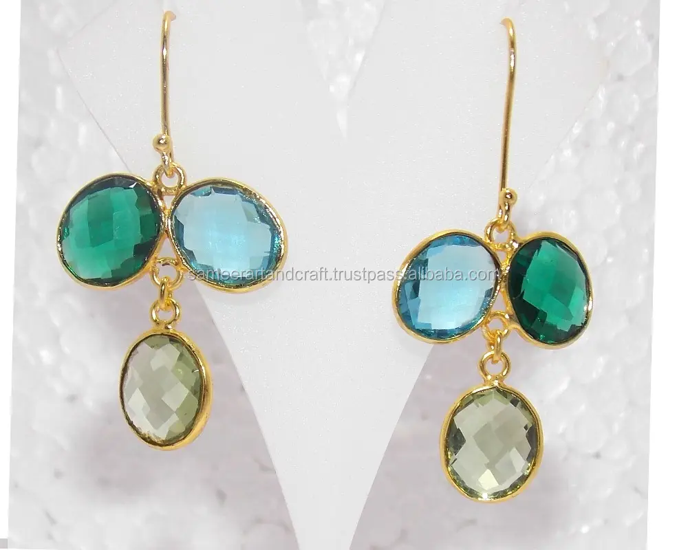 gold plated multi stone 10 mm round chandelier earrings