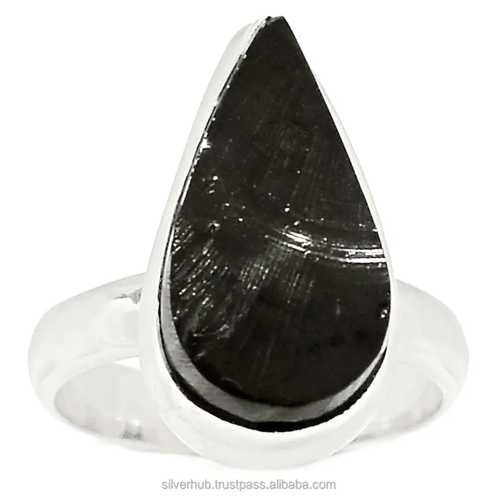 Shungite-Anillo de Plata de Ley 925 con piedra negra en forma de pera, joyería hecha a mano