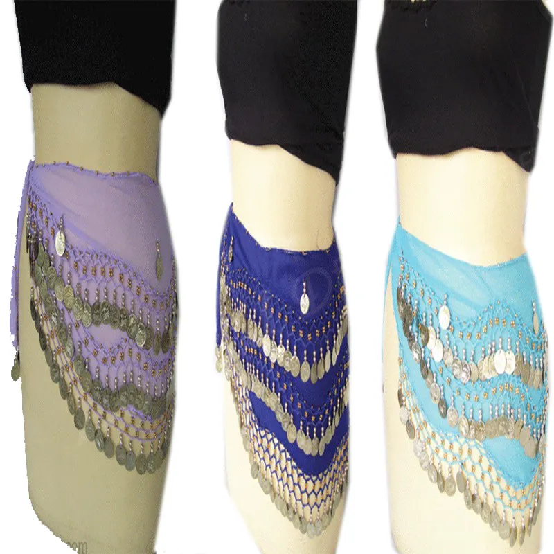 Falda de danza del vientre para mujer y niña, cinturón de cintura con cadena de baile de cadera, con 98 monedas colgantes, 8 colores