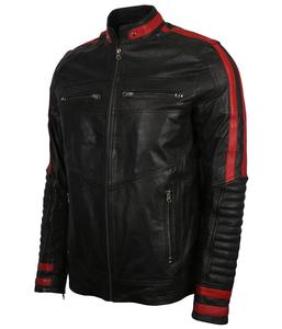 ชายเสื้อหนังสีดำ & สีแดง Slim Biker รถจักรยานยนต์ Vintage Cafe Racer/แถบสีแดงหนัง Biker Jacket - Product Image 3