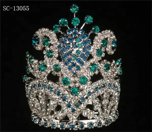 Full Round Peacock Blue Rhinestone Crown Scepter