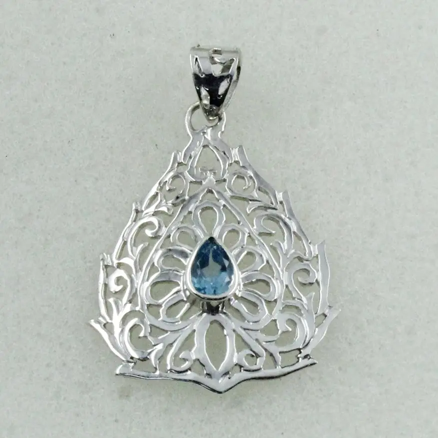 Mặt Dây Chuyền Topaz Xanh Thiết Kế Độc Đáo, Mặt Dây Chuyền Nữ Bạc Sterling 925, Trang Sức Bạc Ấn Độ