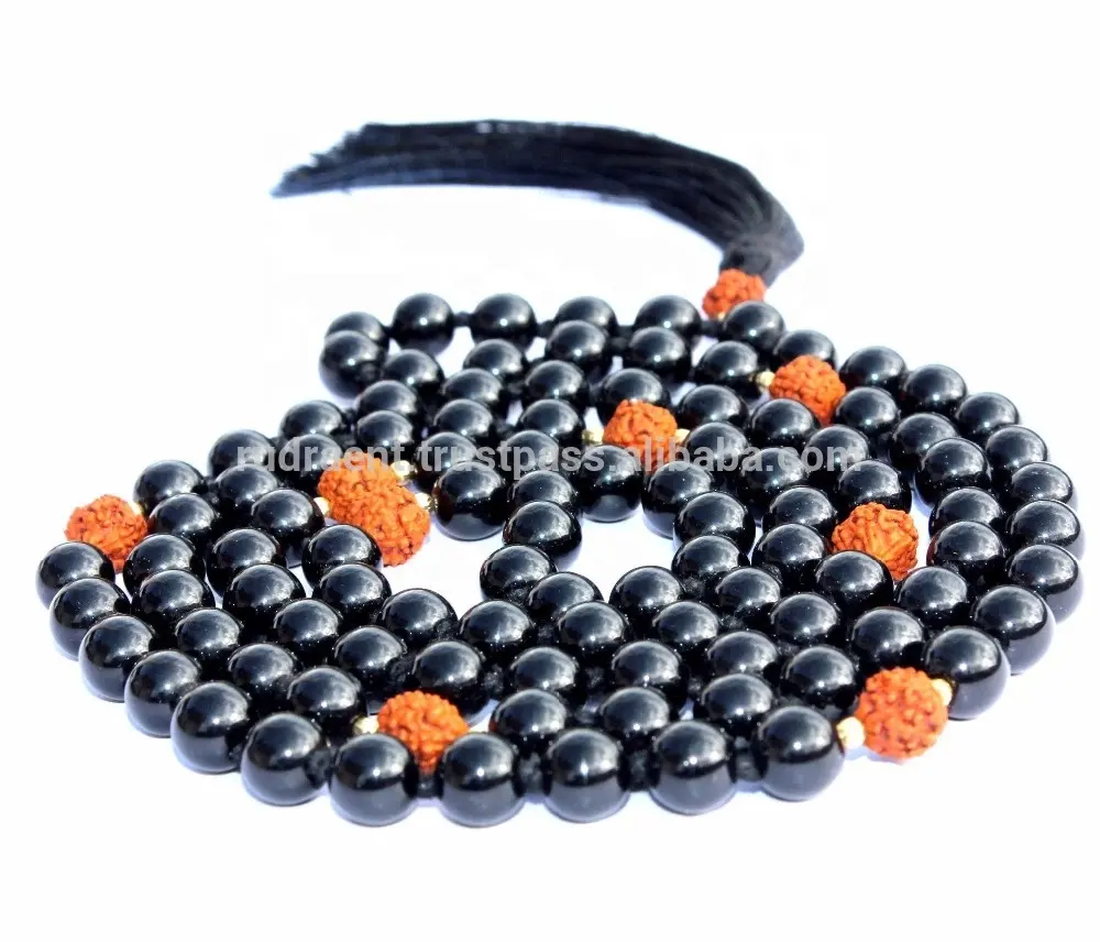 Onice nero di alta qualità Rudraksha collana di perline di Mala annodate spirituali collane di perline di artisti indiani fatti a mano