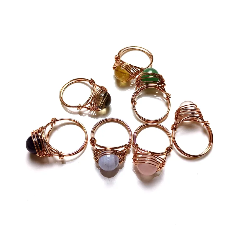 Anel de contas redondas naturais, arame de joias barato, envolvido, pedra preciosa, cristal, ouro, enchido, anéis com encantos, design simples para gir